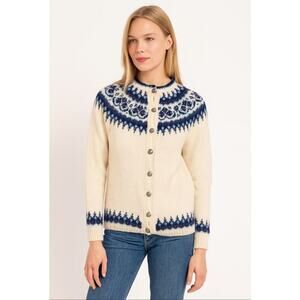 NORSK HUSFLID Vtg 70s Wool Fair Isle Hand knit Fisherman cardigan Blu/Cream, S/M